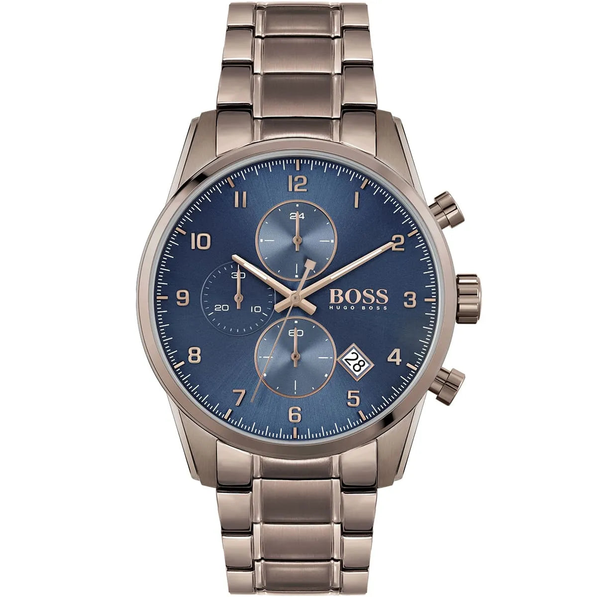 Hugo Boss Skymaster 1513788 men's watch with blue dial, brown metal link strap, and 50m water resistance main view