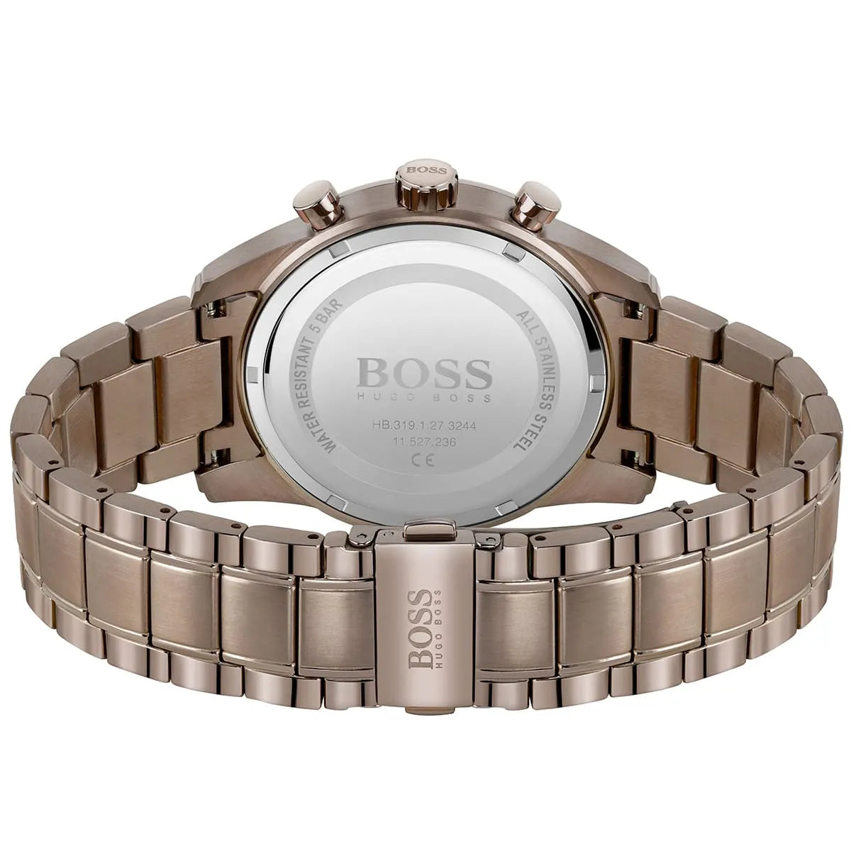Caseback of Hugo Boss Skymaster 1513788 showing technical specs blue dial and brown metal strap 50m water resistance