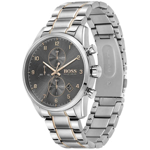 Left angled view of Hugo Boss Skymaster 1513789 showing gray dial detail and two-tone link bracelet water resistant 50m