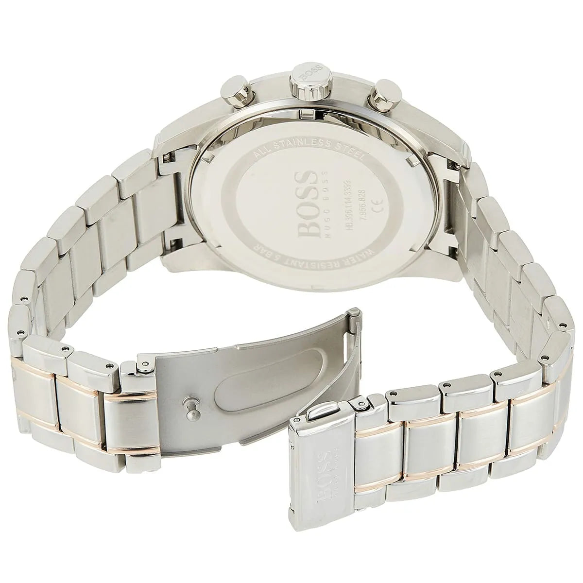 Two-tone metal deployment clasp on Hugo Boss Skymaster 1513789 gray dial watch water resistant 50m