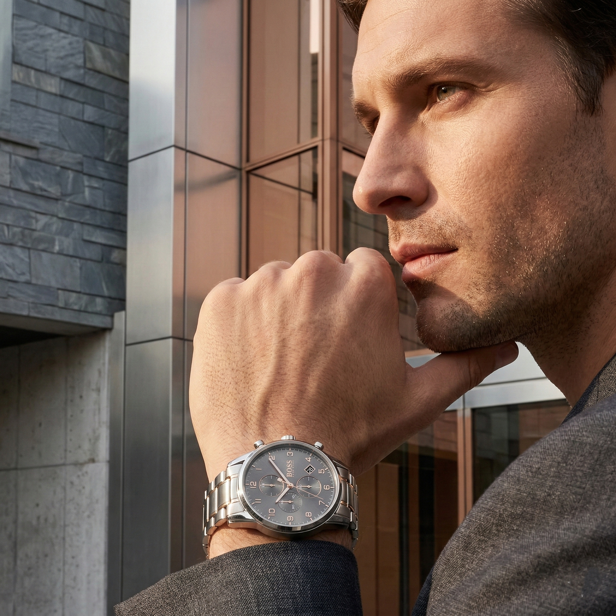 Professional traveler wearing Hugo Boss Skymaster 1513789 with gray dial and silver rose gold metal strap water resistant 50m