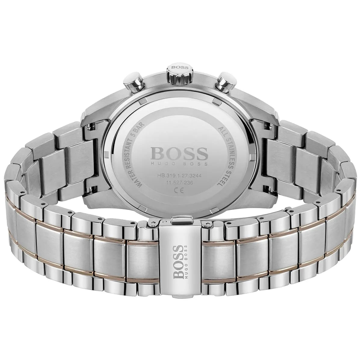 Caseback of Hugo Boss Skymaster 1513789 showing technical specs gray dial and two-tone metal strap 50m water resistance