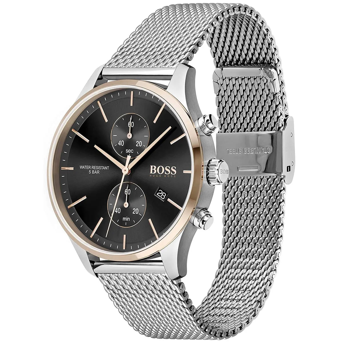 Left angled view of Hugo Boss Associate 1513805 showing black dial detail and silver mesh bracelet water resistant 50m