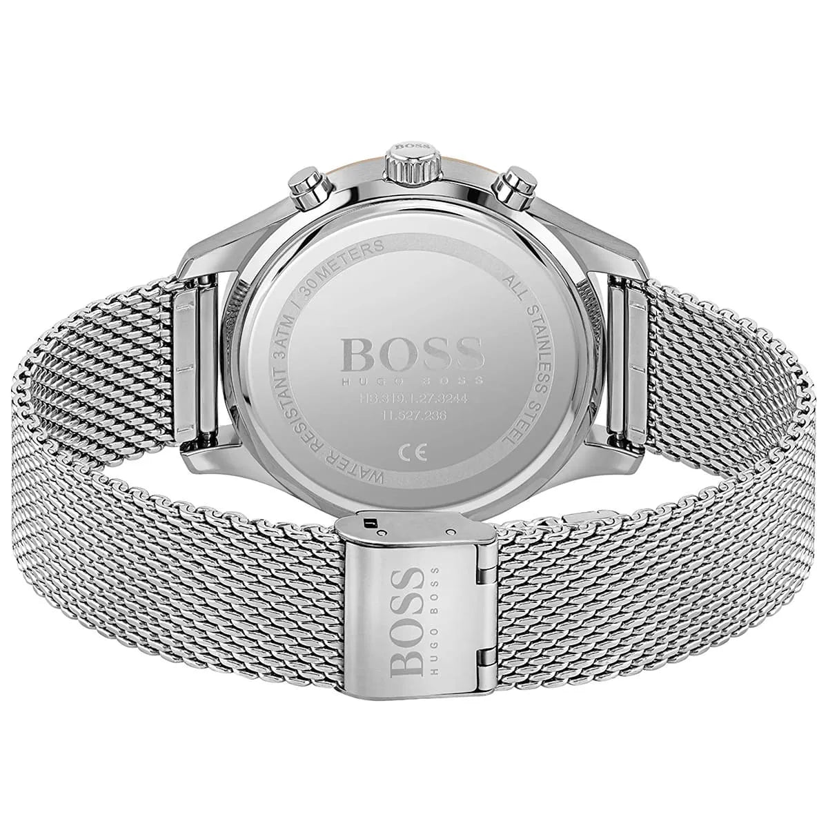 Caseback of Hugo Boss Associate 1513805 showing technical specs black dial and silver metal strap 50m water resistance