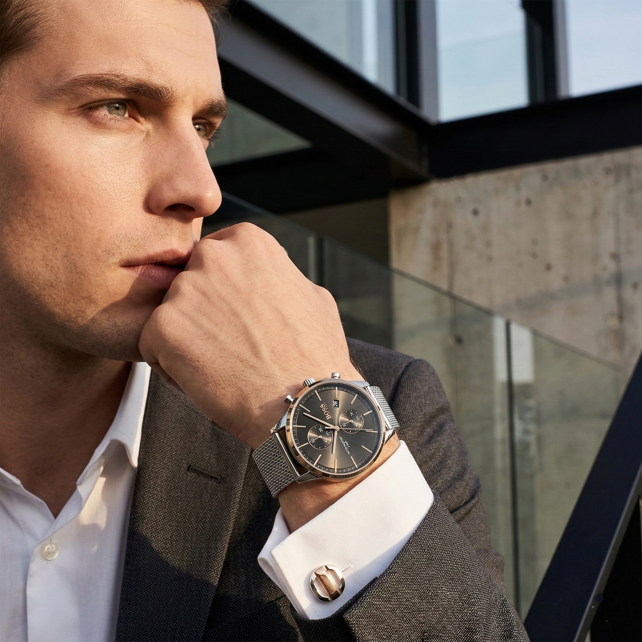 Professional man wearing Hugo Boss Associate 1513805 with black dial and silver metal mesh strap water resistant 50m