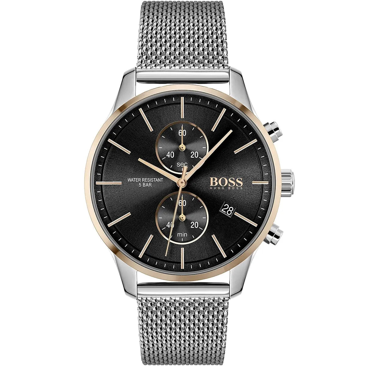 Hugo Boss Associate 1513805 men's watch with black dial, silver metal mesh strap, and 50m water resistance main view