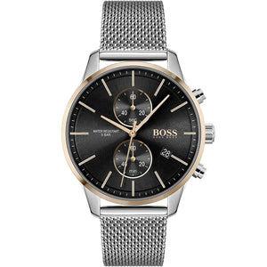 Hugo Boss Associate 1513805 men's watch with black dial, silver metal mesh strap, and 50m water resistance main view