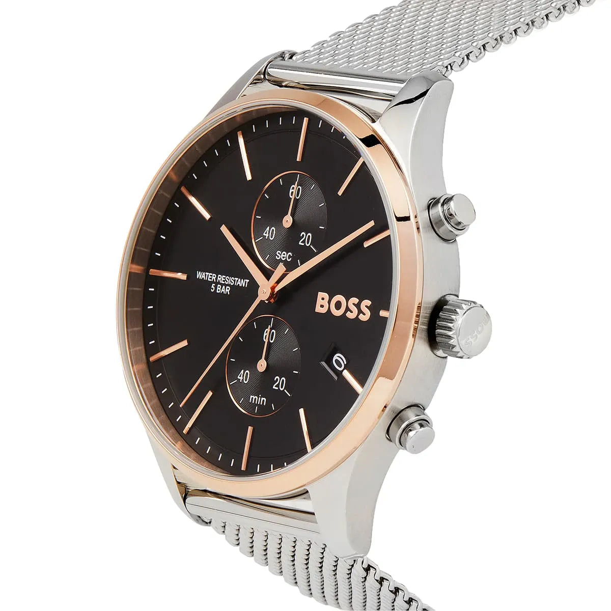 Left angled view of Hugo Boss Associate 1513805 showing black dial detail and silver mesh bracelet water resistant 50m