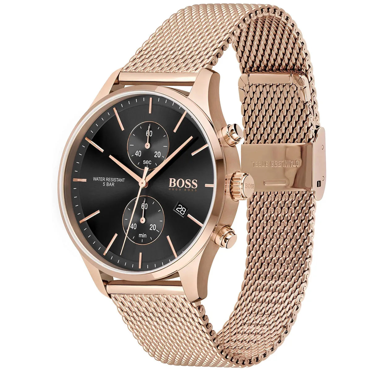 Left angled view of Hugo Boss Associate 1513806 showing black dial detail and rose gold mesh bracelet water resistant 50m