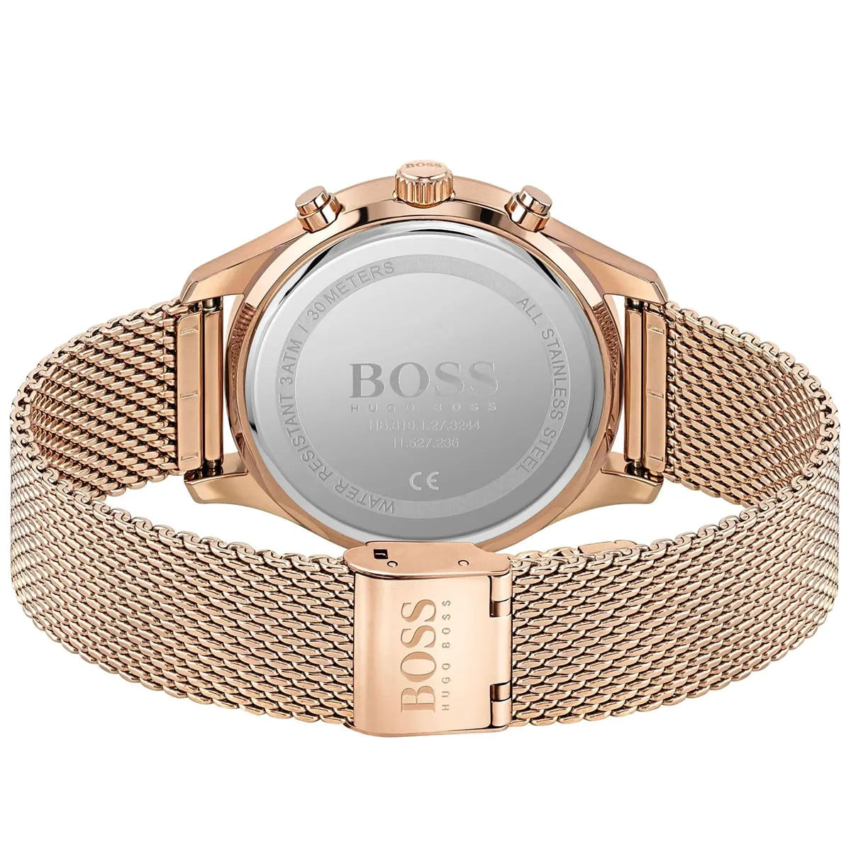 Caseback of Hugo Boss Associate 1513806 showing technical specs black dial and rose gold metal strap 50m water resistance