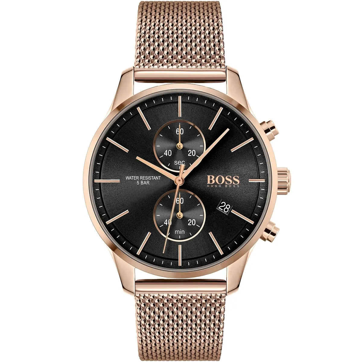 Hugo Boss Associate 1513806 men's watch with black dial, rose gold metal mesh strap, and 50m water resistance main view