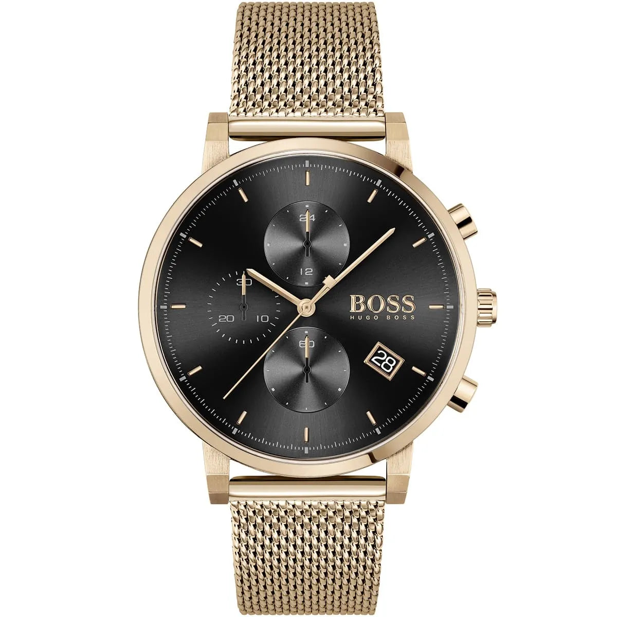 Front view of Hugo Boss Integrity 1513808 men's watch with black dial and rose gold stainless steel mesh bracelet.