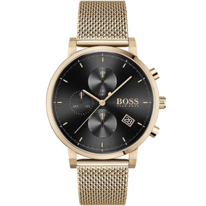 Front view of Hugo Boss Integrity 1513808 men's watch with black dial and rose gold stainless steel mesh bracelet.