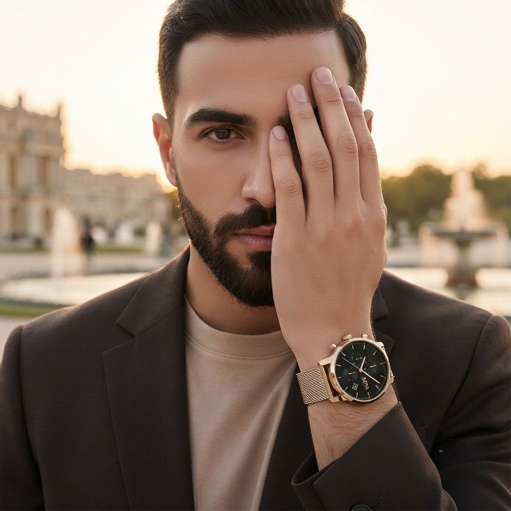 Lifestyle luxury shot featuring Hugo Boss Integrity 1513808 men's watch.