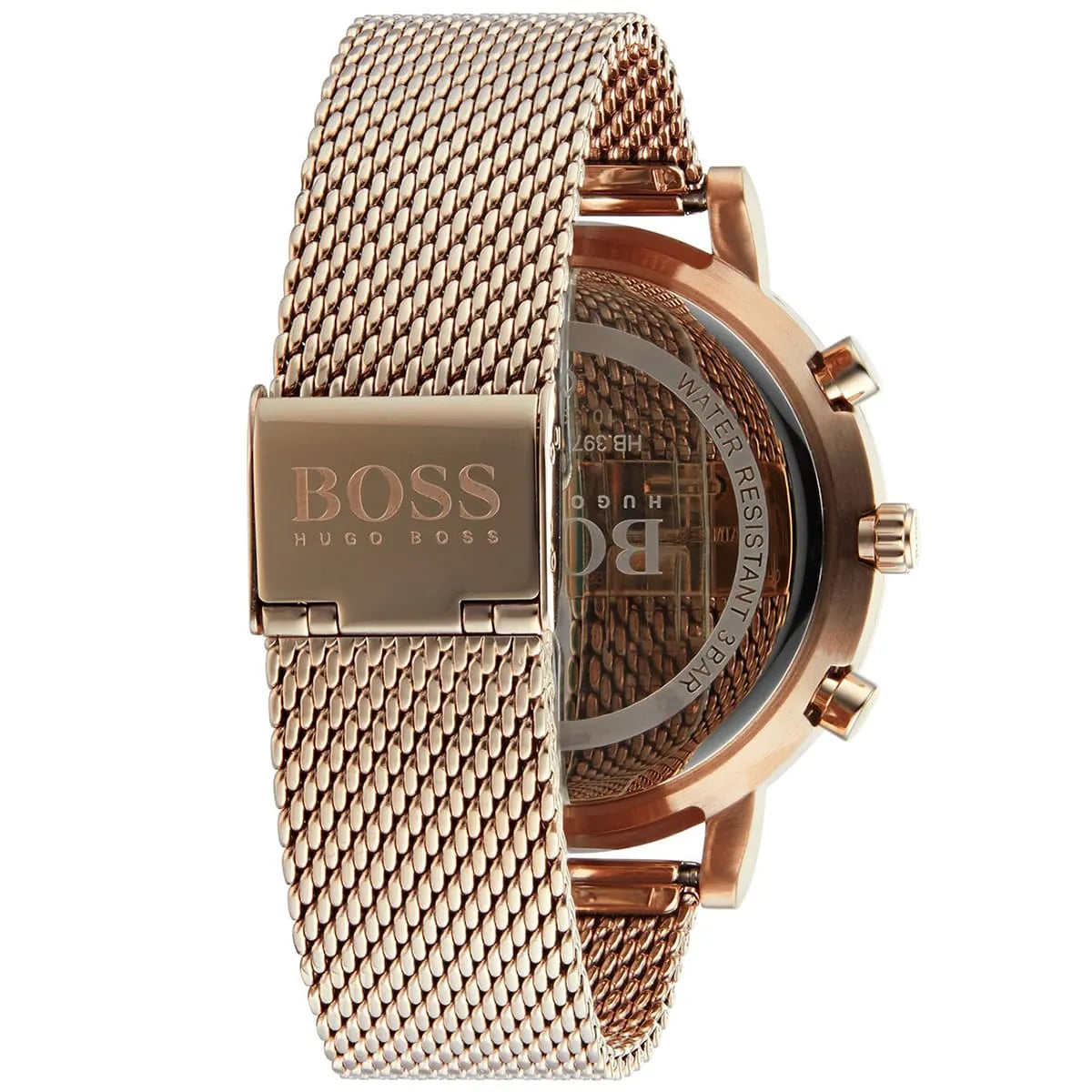 Engraved stainless steel case back of the Hugo Boss Integrity 1513808 watch.