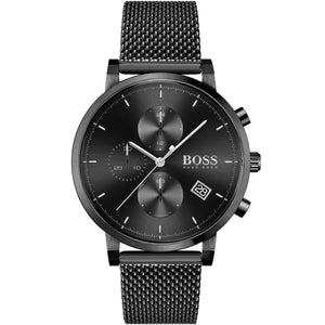 Front view of Hugo Boss Integrity 1513813 men's watch with black dial and black stainless steel mesh bracelet.