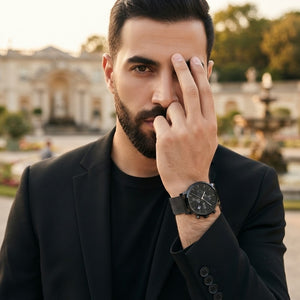 Lifestyle luxury shot featuring Hugo Boss Integrity 1513813 men's watch.