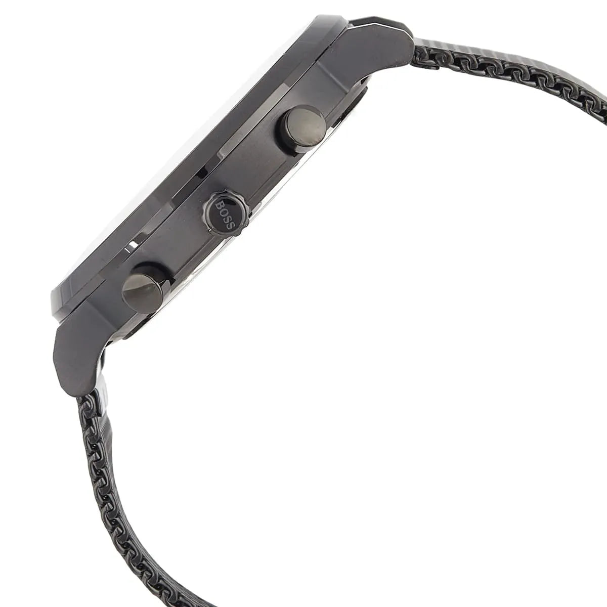 Close-up of a gray watch with a detailed band on a white background