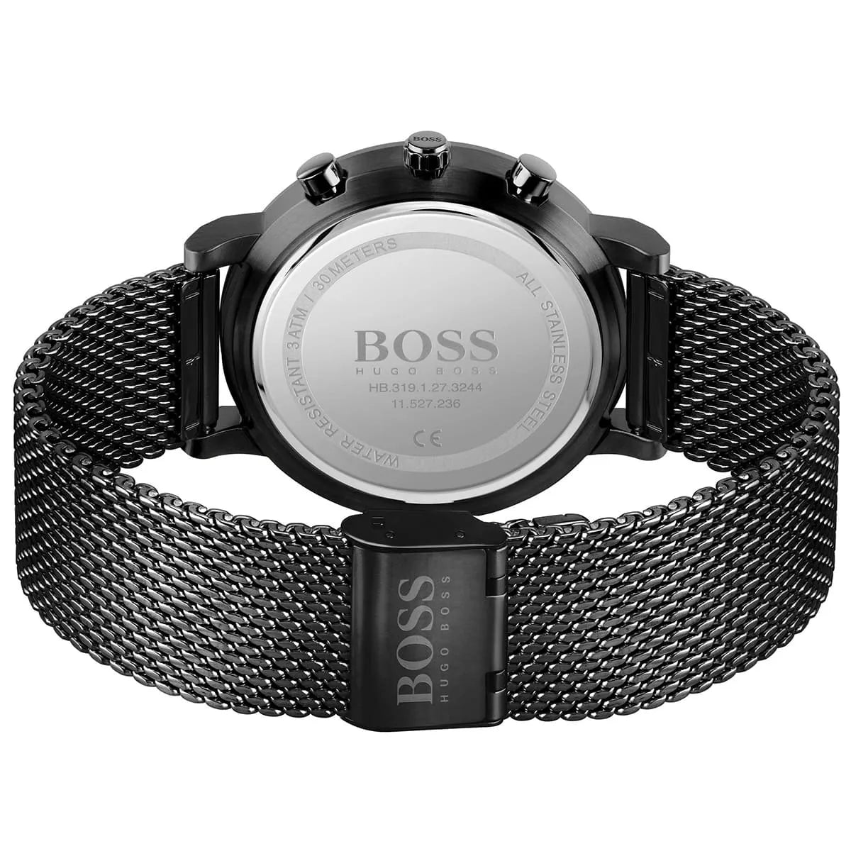 Black Hugo Boss watch with mesh band on a white background