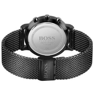 Black Hugo Boss watch with mesh band on a white background