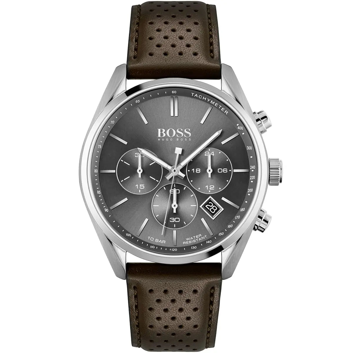 Front view of Hugo Boss Champion 1513815 men's watch with grey dial and brown perforated leather strap.