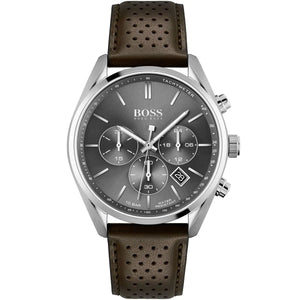Front view of Hugo Boss Champion 1513815 men's watch with grey dial and brown perforated leather strap.