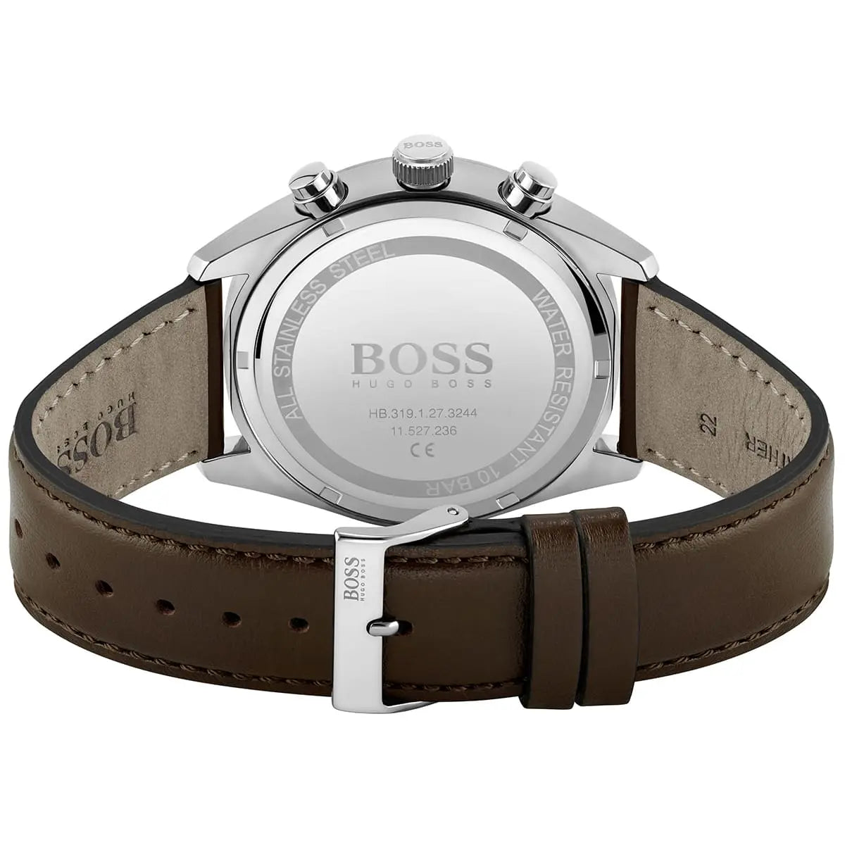 Engraved stainless steel case back of the Hugo Boss Champion 1513815 watch.