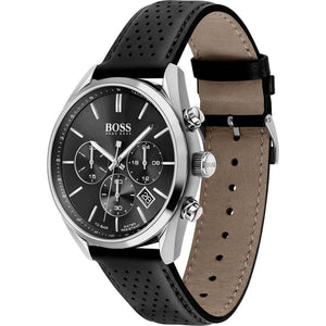 Left angled view of Hugo Boss Champion 1513816 showing black sunray dial detail and leather strap water resistant 100m