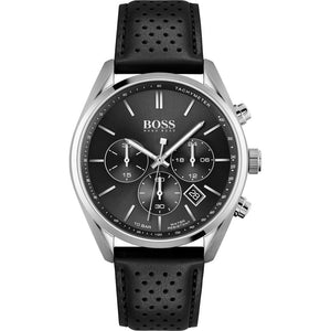 Hugo Boss Champion 1513816 men's watch with black sunray dial, silver stainless steel case, black perforated leather strap, and 100m water resistance main view