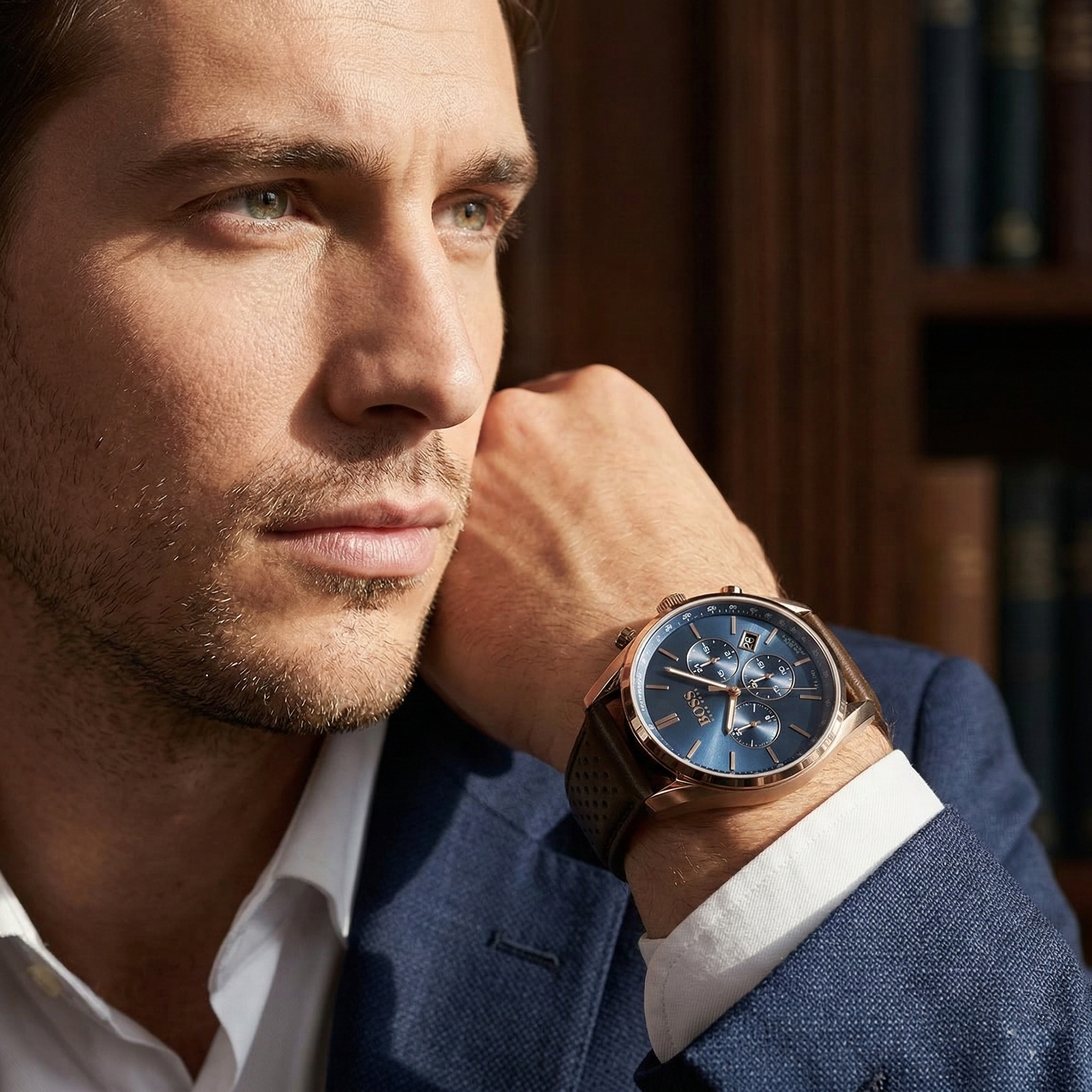 Professional man wearing Hugo Boss Champion 1513817 with blue dial and rose gold case leather strap water resistant 100m