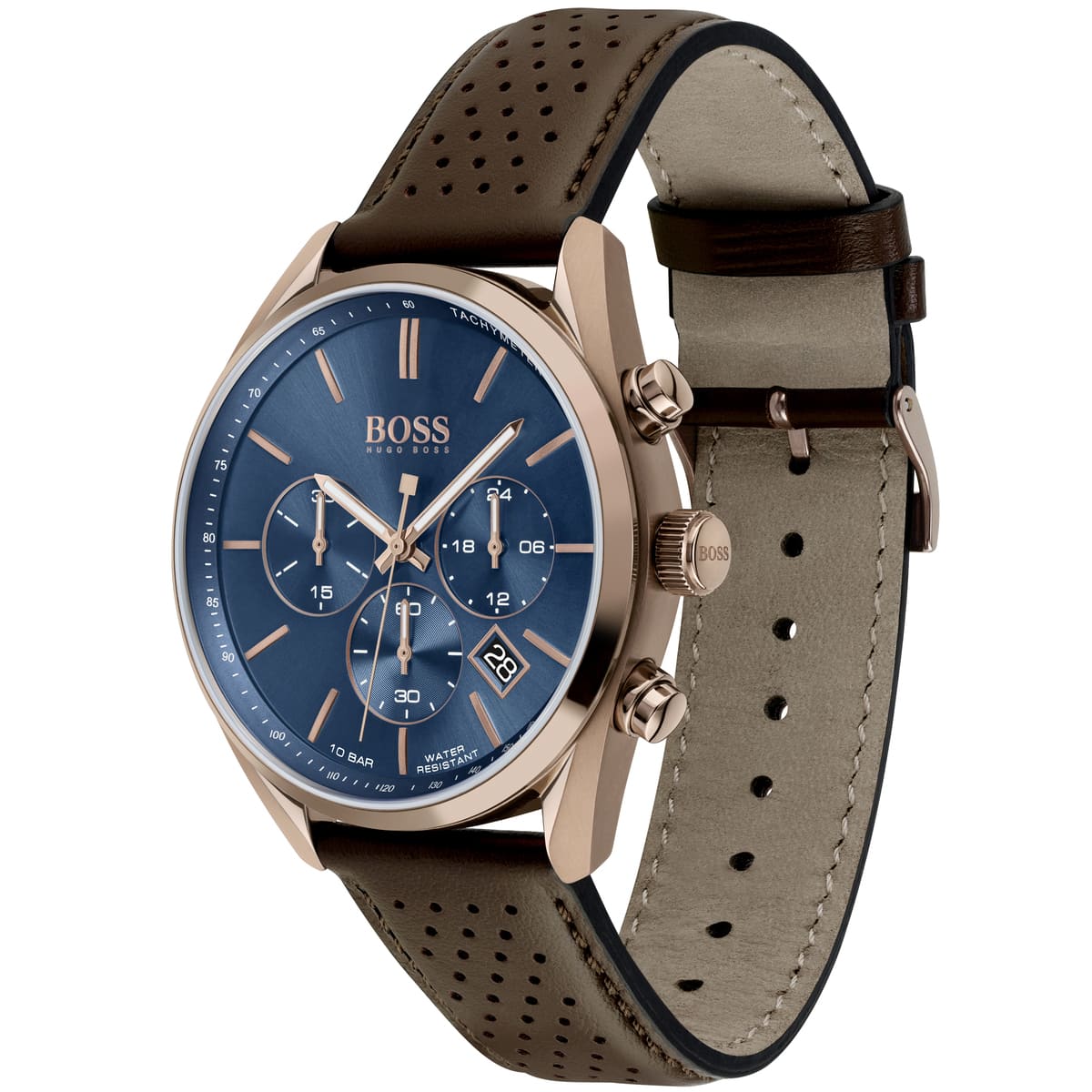 Left angled view of Hugo Boss Champion 1513817 showing blue sunray dial detail and leather strap water resistant 100m
