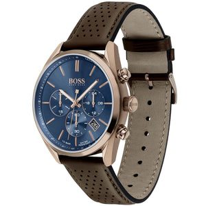 Left angled view of Hugo Boss Champion 1513817 showing blue sunray dial detail and leather strap water resistant 100m