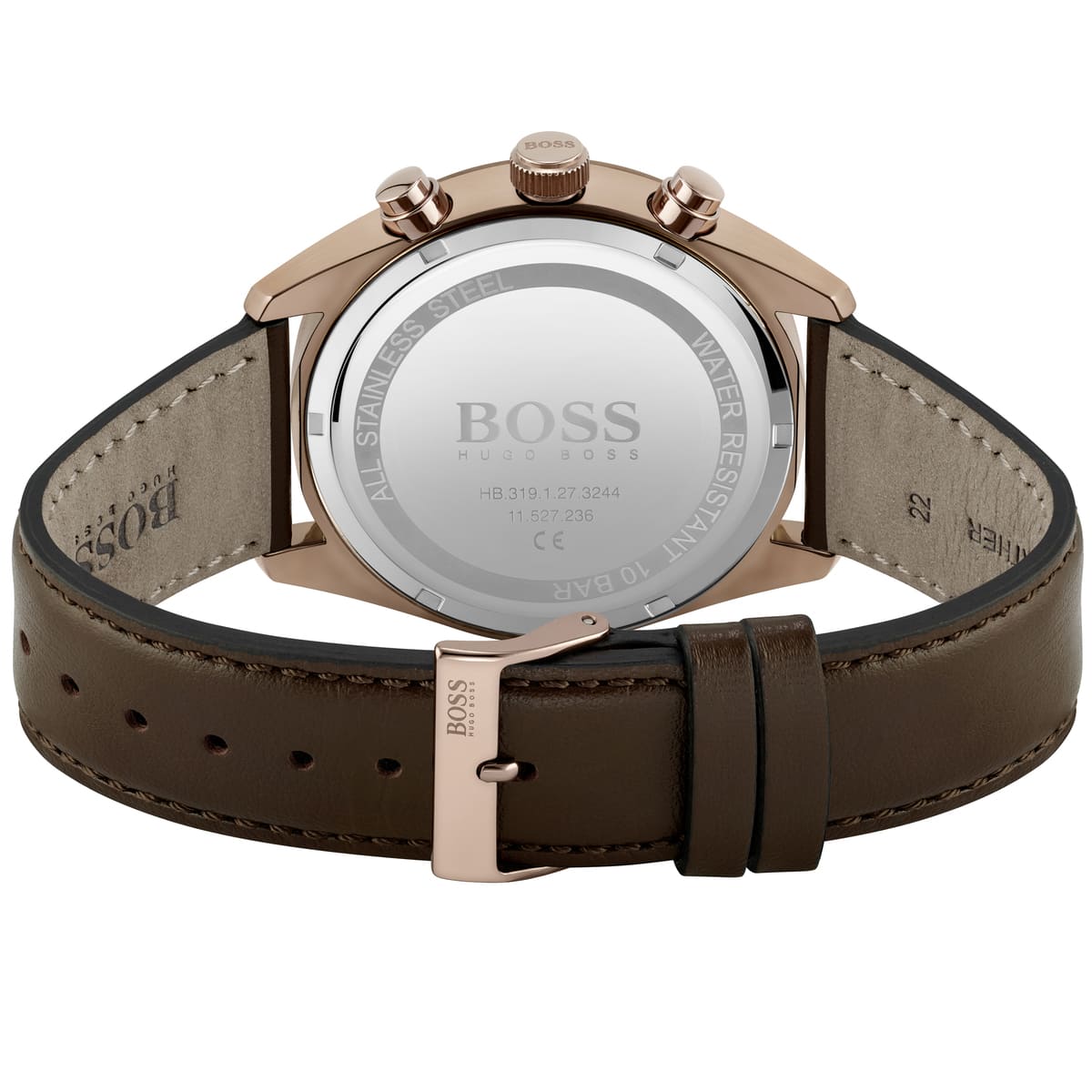 Caseback of Hugo Boss Champion 1513817 showing technical specs (10 BAR / 328FT) and leather strap 100m water resistance