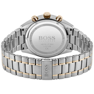 Caseback of Hugo Boss Champion 1513819 showing technical specs black dial and two-tone metal strap 100m water resistance