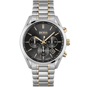 Hugo Boss Champion 1513819 men's watch with black dial, two-tone metal strap, and 100m water resistance main view