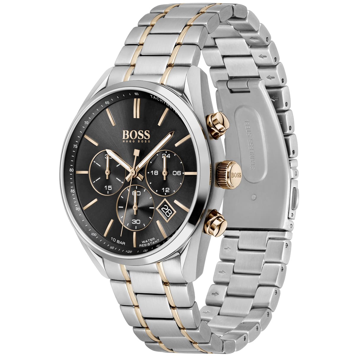 Side profile of Hugo Boss Champion 1513819 showing 11.5mm thickness and two-tone metal finish with 100m water resistance