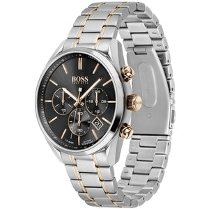 Side profile of Hugo Boss Champion 1513819 showing 11.5mm thickness and two-tone metal finish with 100m water resistance
