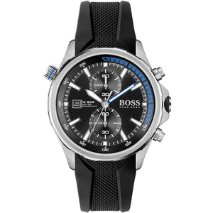 Front view of Hugo Boss Globetrotter 1513820 men's watch with black dial and black rubber strap.