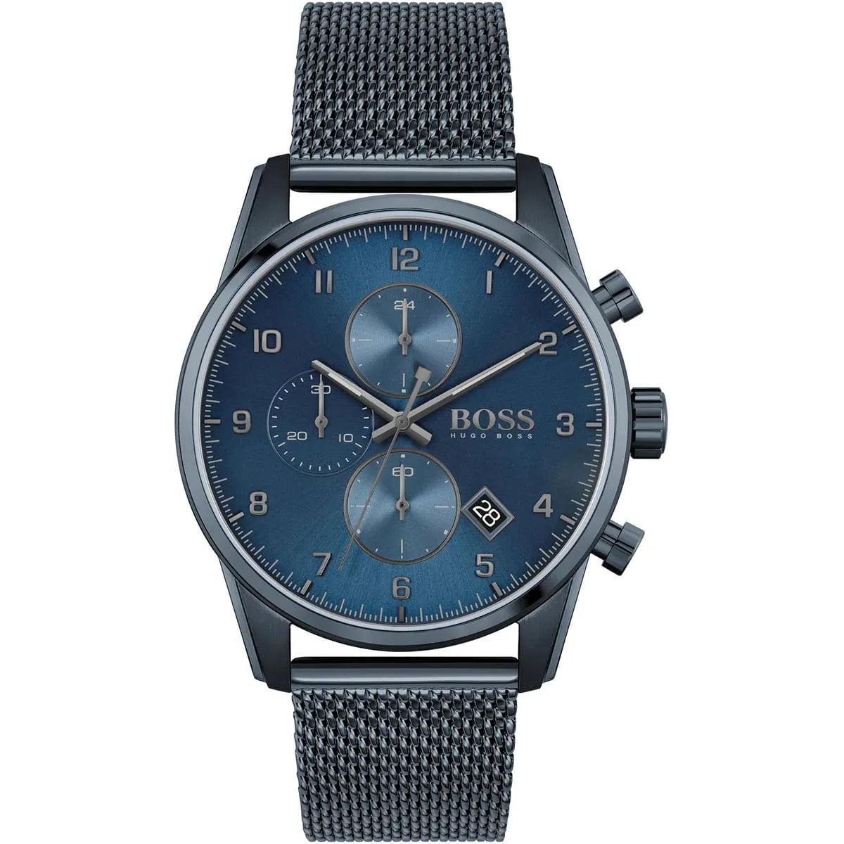 Hugo Boss Skymaster 1513836 men's watch featuring a blue ion-plated stainless steel case, navy blue dial with chronograph sub-dials, and blue mesh bracelet