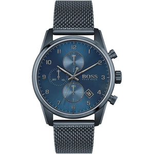 Hugo Boss Skymaster 1513836 men's watch featuring a blue ion-plated stainless steel case, navy blue dial with chronograph sub-dials, and blue mesh bracelet