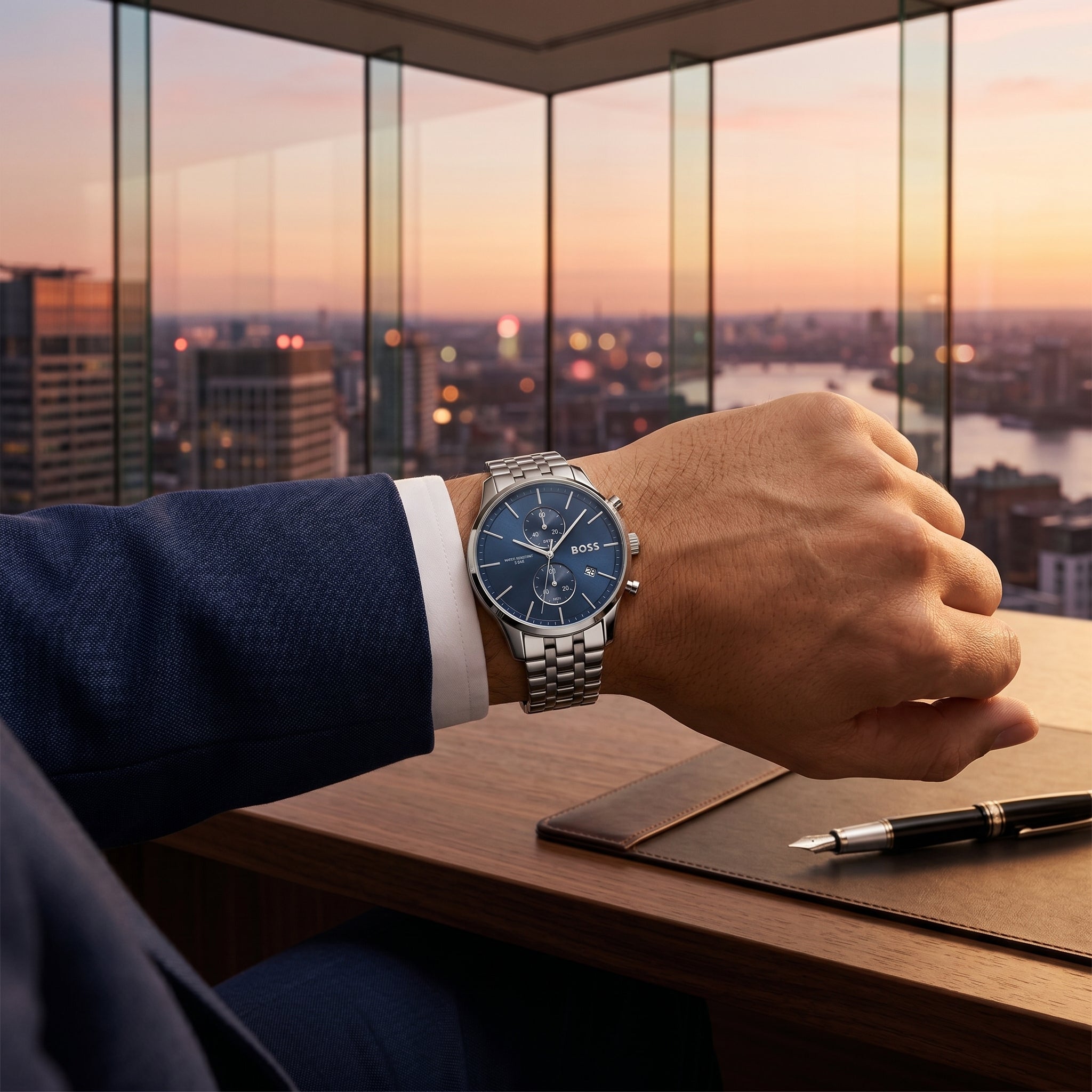 Lifestyle photo of Boss Associate 1513839 showing the elegant silver watch on a man's wrist in a professional setting from Luxury Hub Store