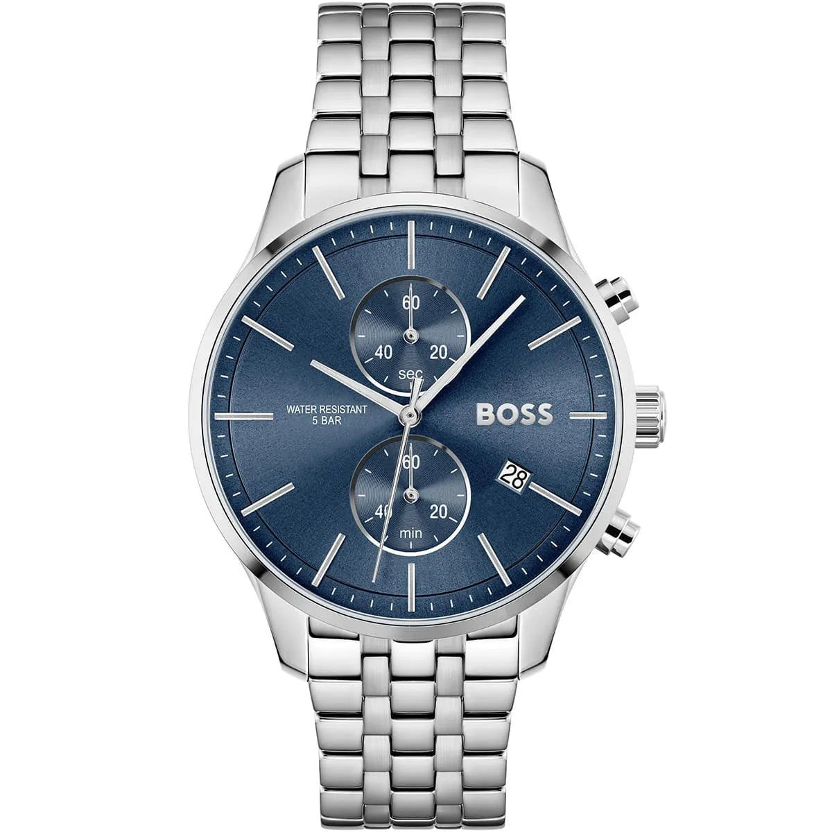 Authentic real-life photo of Boss Associate 1513839 showing silver bracelet and blue chronograph dial from Luxury Hub Store