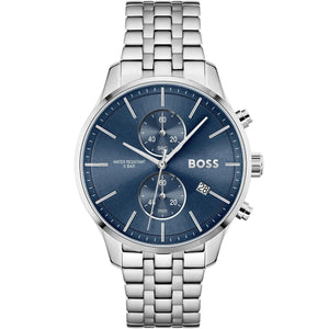 Authentic real-life photo of Boss Associate 1513839 showing silver bracelet and blue chronograph dial from Luxury Hub Store