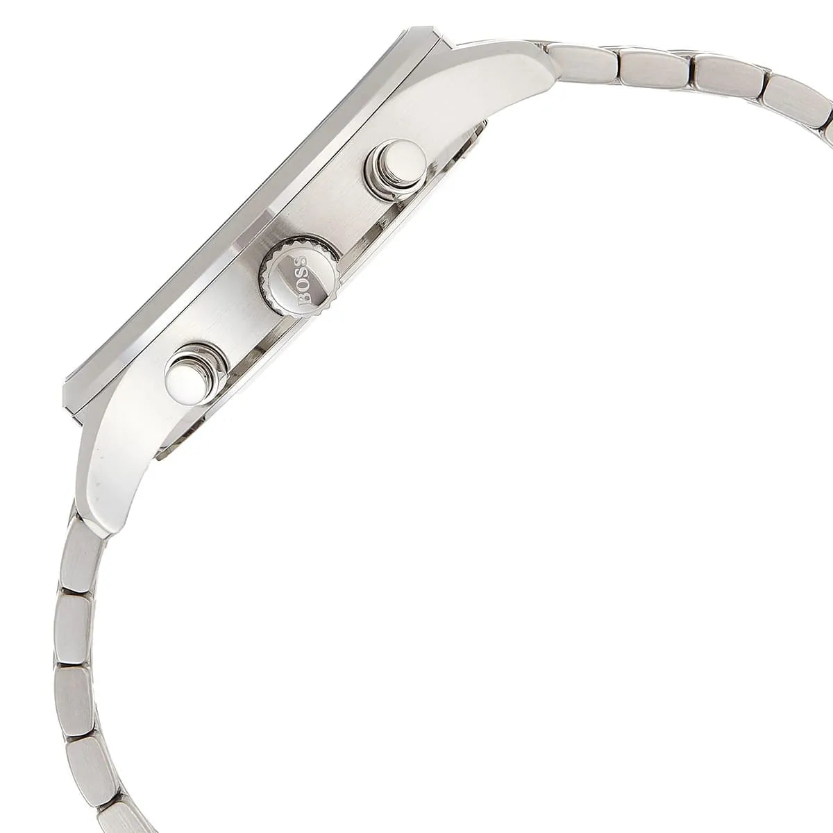 Perspective photo of Boss Associate 1513839 showing the details of the silver stainless steel bracelet links finish from Luxury Hub Store