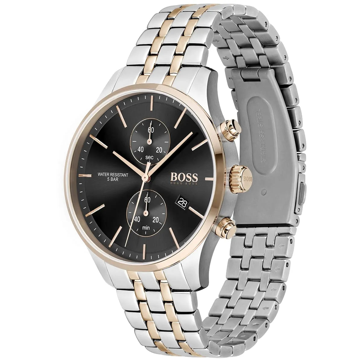 Right angled view of Hugo Boss Associate 1513840 highlighting black dial and rose gold bezel 50m water resistance
