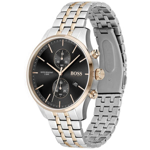Right angled view of Hugo Boss Associate 1513840 highlighting black dial and rose gold bezel 50m water resistance