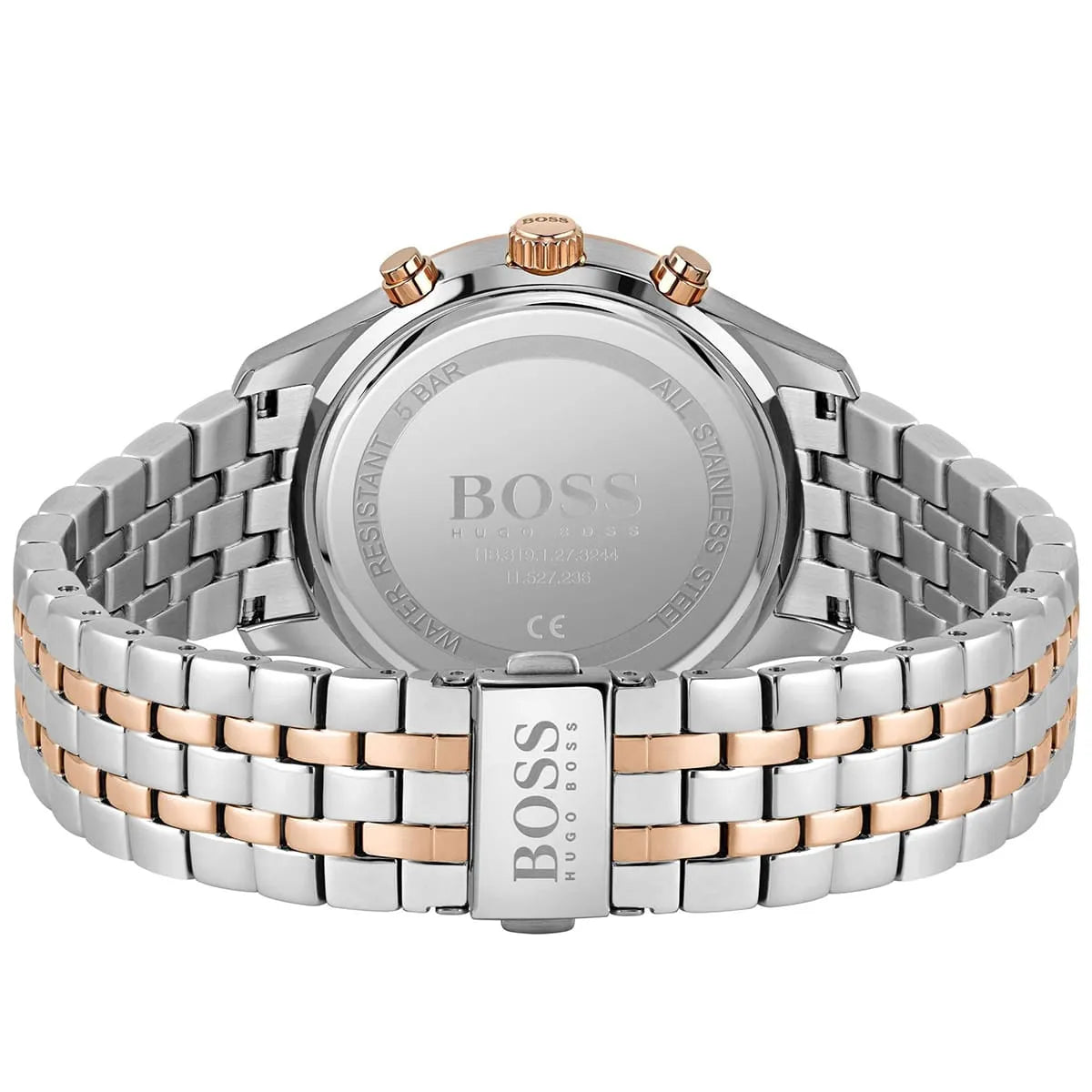 Caseback of Hugo Boss Associate 1513840 showing technical specs black dial and two-tone metal strap 50m water resistant