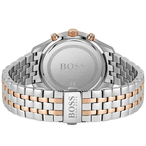 Caseback of Hugo Boss Associate 1513840 showing technical specs black dial and two-tone metal strap 50m water resistant