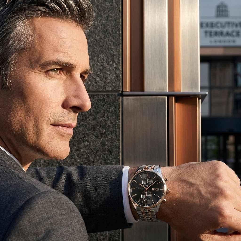 Professional man wearing Hugo Boss Associate 1513840 with black dial and silver rose gold metal strap water resistant 50m