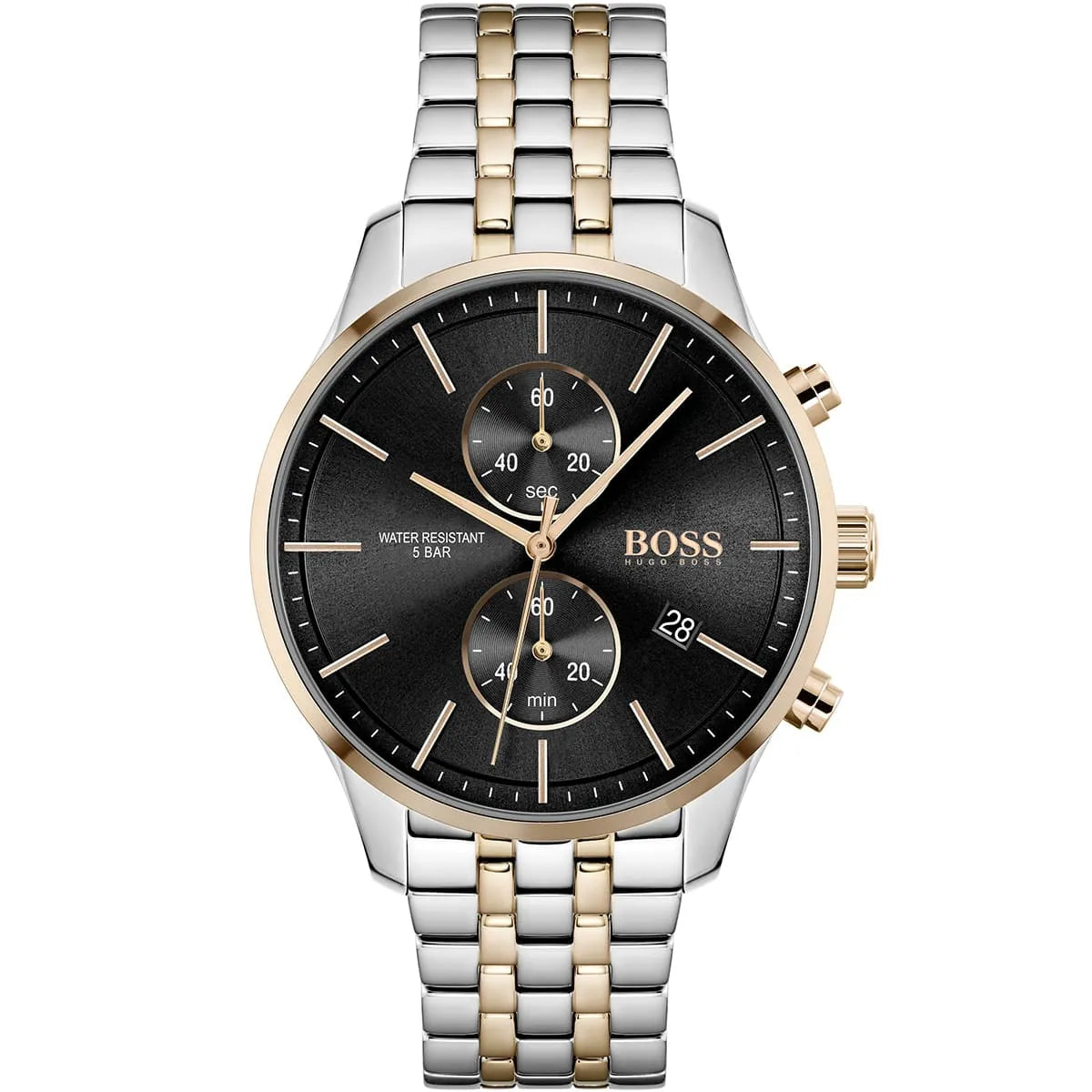 Hugo Boss Associate 1513840 men's watch with black dial, two-tone metal strap, and 50m water resistance main view
